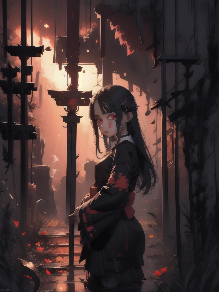 In Anime-art style, pixiv, masterpiece, 1 girl, (Close-up:1.1),Very Close to the Viewer( only half of the face is visible), soft lighting, Bloody sky, bloody environment, bloody rain, dark silhouettes, красный blood vibe, red vibe настроение, red like your blood, vampire life, Gothic, mysterious facial expressions, tattoos, aesthetics, rings and finger rings, web, head covered with dark cloth, Vampirism, на заднем фоне dark silhouettes, the character is closer to the viewer, видно только one eye, Focus on the character, Close-up, symbolism, a ritual, mirrors and paintings in the background, reflections, on the avatar, Dark art style, Blood runs down his face, portrait, leader, leads the concept, silhouettes behind, chaos, the weather is terrible, someone is spectating on her, DALLE, Close-up больших демонических глаз, сложные eyes, Unique Demon Ghouls, These images feature a dark, anime-style warrior with intricate tattoos and glowing red eyes, holding a blood-stained katana. The background includes a moonlit scene with shadowy samurai figures and a mysterious reaper, balanced to give equal focus to both the warrior and the background elements, creating a masterpiece, Digital art, city on the skyline, dark lighting, permission 1:1, blond hair, kimono, katana, Shanghai, nails painted black, in detail, moon and shadows, eyes, в eyesх отражение битвы, mysticism in the background, split personality, в eyesх готовится к битве, необычные eyes, scene, add more details, dark, fingers are proportional, serious look, holding a katana in his hands, only half of the face is visible, dystopia, night lighting, motion blur, красная и кровавая aesthetics, one eye, Close-up
