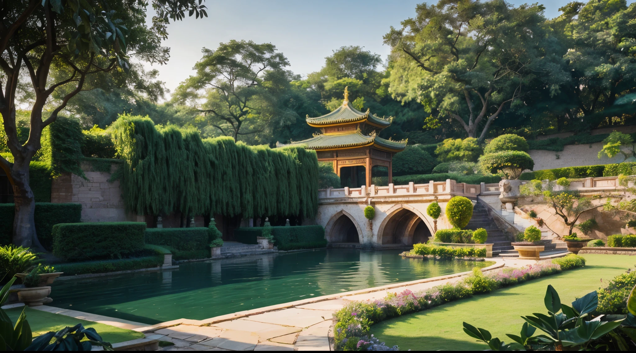 view of emperor palace, in golden hues, majestic design, bathed in the early light, the palace gardens unfurl in verdant splendor,