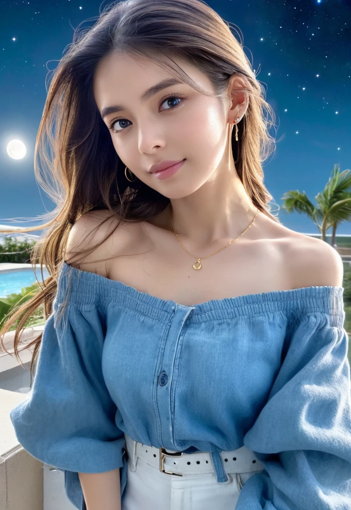 (Masterpiece:1.3), High resolution, Super detailed, Highly detailed CG Unity 8K wallpaper, Real, フォトReal, RAW Photos, Beautiful detailed face, Fair skin, Realな輝く肌, Detailed cloth texture, Detailed hair texture, Perfect Style, Beautiful Face, correct, Anatomically correct, Highly detailed face and skin texture, Natural neck length, (Wet body, Wet Hair:1.1)、
Blake detailed eyes、Symmetrical eyes、Brown eyes、double eyelid、Thin eyebrows、 (Sexy lips:1.3), (A happy smile:1.2), (cheek:1.2)
BREAK、 
((Innocent and cute girl:1.3)), ((Wearing an off-the-shoulder white blouse:1.4)), (Gold buckle belt), (Skinny jeans:1.2), (Cross strap high heels:1.2), (necklace、bracelet), (Thin hoop earrings), (Pinky ring), (Beautiful blue nails:1.2)、 
Layer Hairstyles、（Brown Hair：1.2）、（Wavy Hair：1.2）、Medium Long Hair、（Large Breasts、Firm breasts、Beautifully shaped breasts：1.1）、
break、 
((Standing to close:1.4))、((looking up at viewer:1.2))、 
((up:1.2)),(Focus on the face:1.2),(From above:1.2),(Outdoors on a stylish beachside terrace),((A night sky with many stars and a big full moon:1.3))、