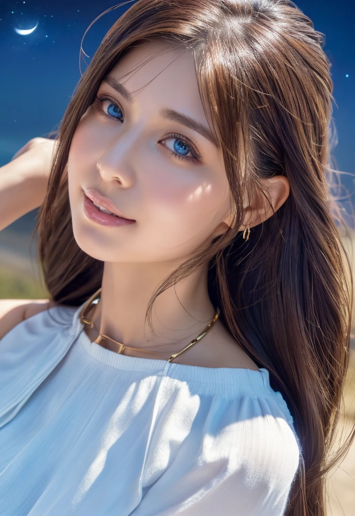 (Masterpiece:1.3), High resolution, Super detailed, Highly detailed CG Unity 8K wallpaper, Real, フォトReal, RAW Photos, Beautiful detailed face, Fair skin, Realな輝く肌, Detailed cloth texture, Detailed hair texture, Perfect Style, Beautiful Face, correct, Anatomically correct, Highly detailed face and skin texture, Natural neck length, (Wet body, Wet Hair:1.1)、
Blake detailed eyes、Symmetrical eyes、Brown eyes、double eyelid、Thin eyebrows、 (Sexy lips:1.3), (A happy smile:1.2), (cheek:1.2)
BREAK、 
((Innocent and cute girl:1.3)), ((Wearing an off-the-shoulder white blouse:1.4)), (Gold buckle belt), (Skinny jeans:1.2), (Cross strap high heels:1.2), (necklace、bracelet), (Thin hoop earrings), (Pinky ring), (Beautiful blue nails:1.2)、 
Layer Hairstyles、（Brown Hair：1.2）、（Wavy Hair：1.2）、Medium Long Hair、（Large Breasts、Firm breasts、Beautifully shaped breasts：1.1）、
break、 
((Standing to close:1.4))、((looking up at viewer:1.2))、 
((up:1.2)),(Focus on the face:1.2),(From above:1.2),(Outdoors on a stylish beachside terrace),((A night sky with many stars and a big full moon:1.3))、