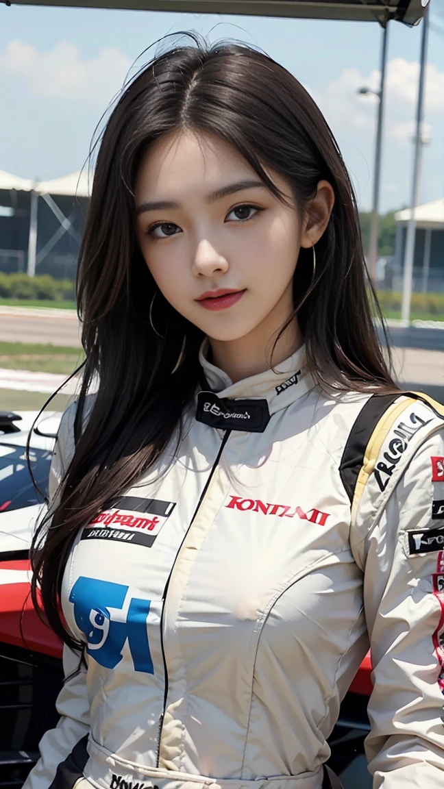 ((best quality)), ((masterpiece)), (detailed), perfect face, ((Best quality, 8k, Masterpiece: 1.3)), Sharp focus A beautiful woman with perfect body, Slim abdomen, Highly detailed face and skin texture, Detailed eyes, Double eyelid, smile, black hair, earrings, Race queen, FI circuit, background (FI car), Race Queen Costume