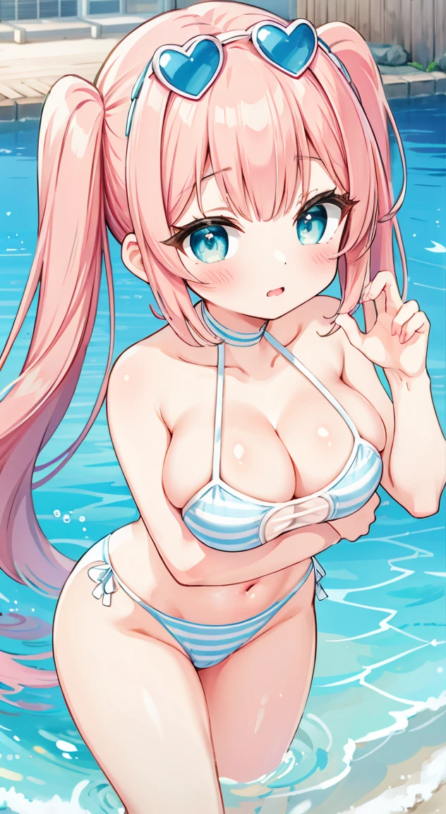 Side tie panties,,masterpiece, Highest quality, (anime screencap:1.3),(shape), cute,(Simple:1), (anime:1.2),Solo Sharp Focus, 1 girl, Cleavage,Looking at the audience, Water Play,Are standing,Beach,Japan,(Browsing Caution:1.2),Colorful Bikinis,Pastel Bikini,Beautiful Hair,Horizontal stripes,heart shaped pupils,Checkered Bikini, Check pattern,(water droplets.1),cute eyes,Puffy eyes,Seductive pose,Shining Face,Large Breasts,Twin tail hair,heart shaped sunglasses on head,Hilarious