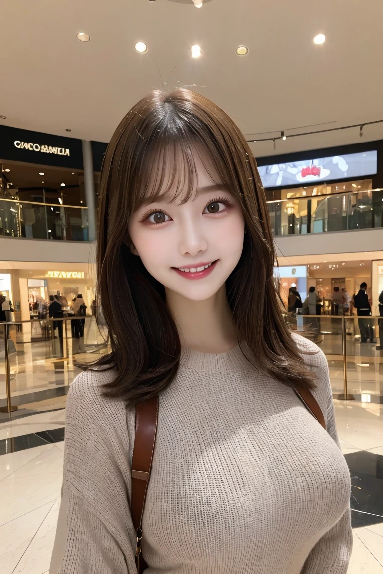 Shopping mall , Highest quality, shape, Very detailed, In detail, High resolution, 8k wallpaper, Perfect dynamic composition, Beautiful details,  Natural Lip, Too cute outfit, Big Breasts, , She is smiling in a cute pose.., A masterpiece of the whole body, Whole shot