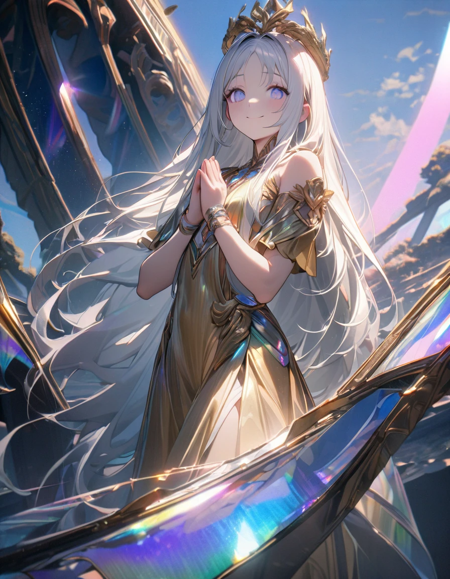 (8K, best quality, master piece: 1.2),super high resolution,1 girl is Aphrodite,18yo,solo,ultra-detailed face,detailed eyes,compassionate smile,white hair,long hair,arched crown ,(Aphrodite),Gold Dress,straight hair,(iridescent light:1.4),standing,praying hands,Sky Bridge,sense of depth