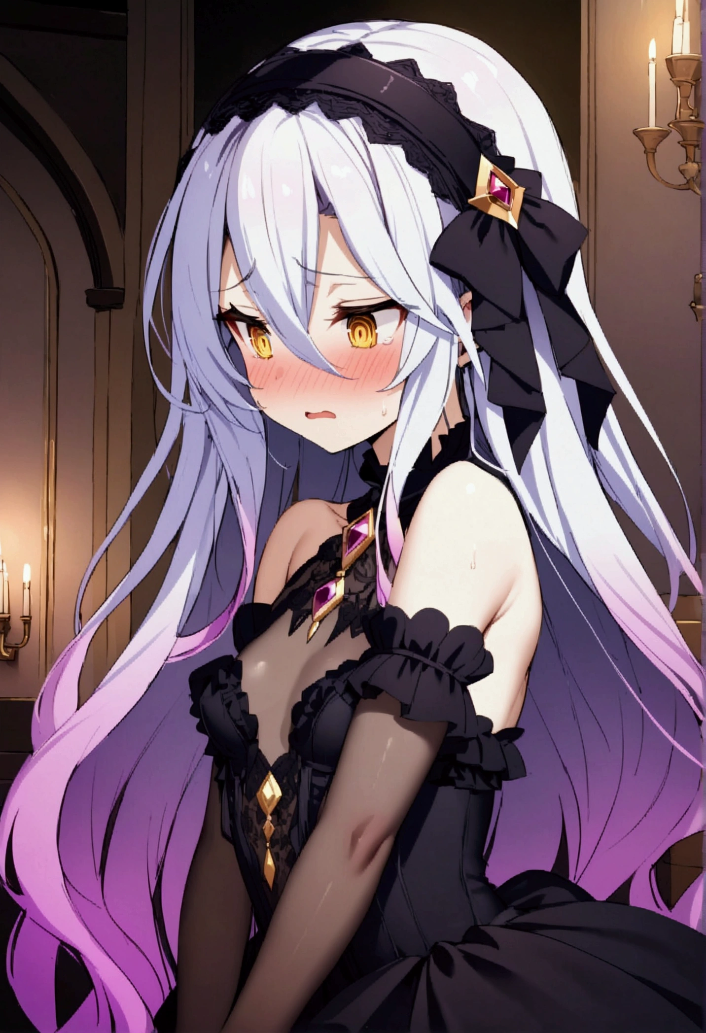NSFW,masterpiece,Highest quality,High resolution,Very detailed,white\(no game No life\),Long Hair,Multicolored Hair,Hair between the eyes,Gradient Hair,Yellow Eyes,Small breasts,(Gothic ta),See-through,Bare shoulders,hair band,flower,slave,Embarrassed,blush,Luxurious mansion,Party Venue,noble,(Middle-aged men),Lead,Being sexually harassed,Being molested,From the side