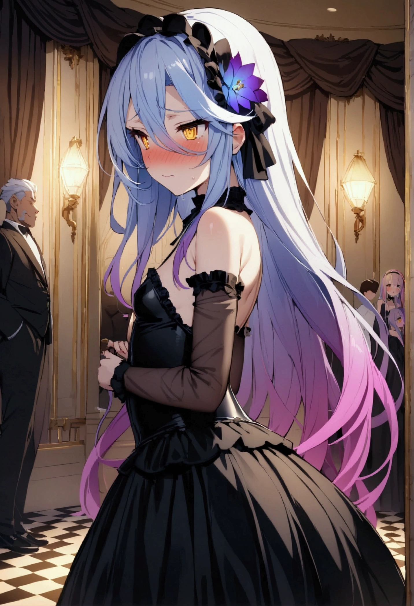 NSFW,masterpiece,Highest quality,High resolution,Very detailed,white\(no game No life\),Long Hair,Multicolored Hair,Hair between the eyes,Gradient Hair,Yellow Eyes,Small breasts,(Gothic Lolita),See-through,Bare shoulders,hair band,flower,slave,Embarrassed,blush,Luxurious mansion,Party Venue,noble,(Middle-aged men),Lead,Being sexually harassed,Being molested,From the side