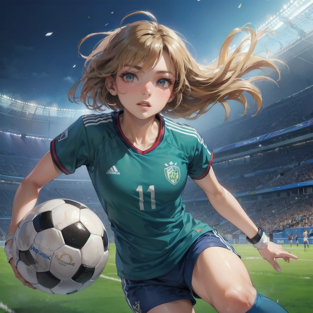  masterpiece, (textured skin), best quality, gorgeous beautiful girl, (a female soccer athlete), detailed clothes,large breasts,narrow waist,, (beautiful face), cinematic lighting, (at soccer venue ),