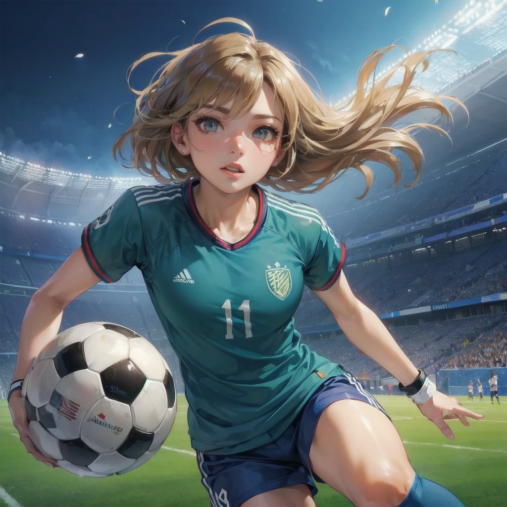 masterpiece, (textured skin), best quality, gorgeous beautiful girl, (a female soccer athlete), detailed clothes,large breasts,narrow waist,, (beautiful face), cinematic lighting, (at soccer venue ),