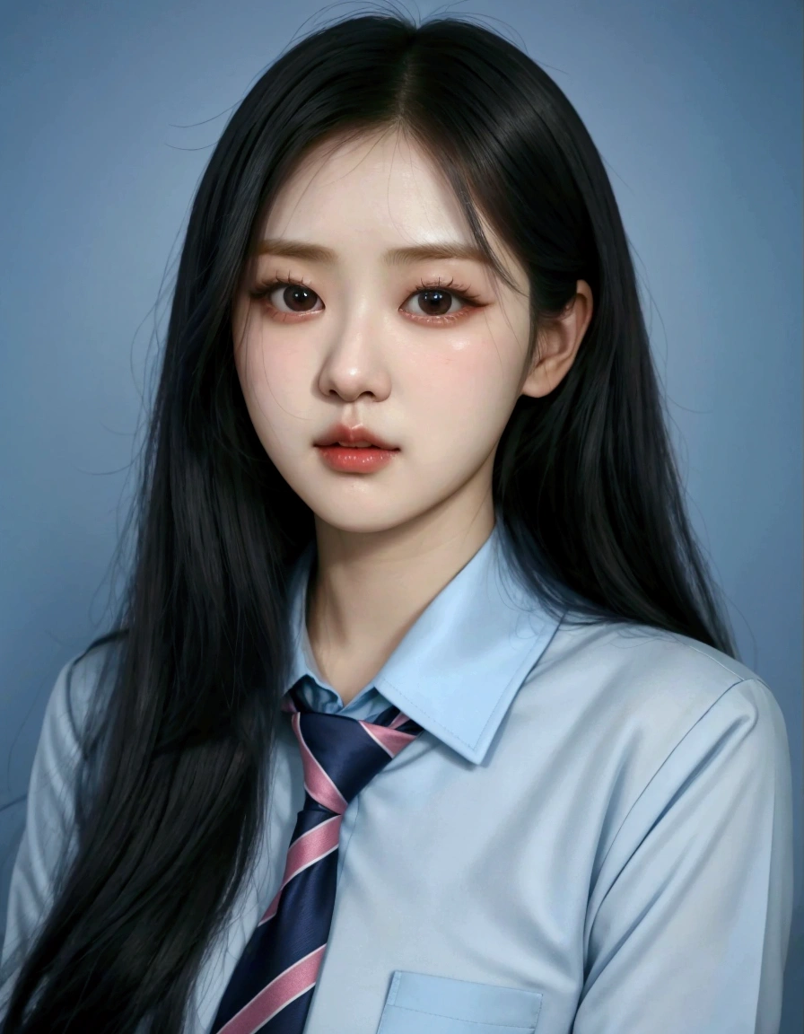 arafed woman with long black hair wearing a blue shirt and tie, jaeyeon nam, jinyoung shin, lee ji-eun, lee ji - eun, hwang se - on, korean girl, heonhwa choe, kim doyoung, female actress from korea, kwak ji young, park ji-min, cute korean actress