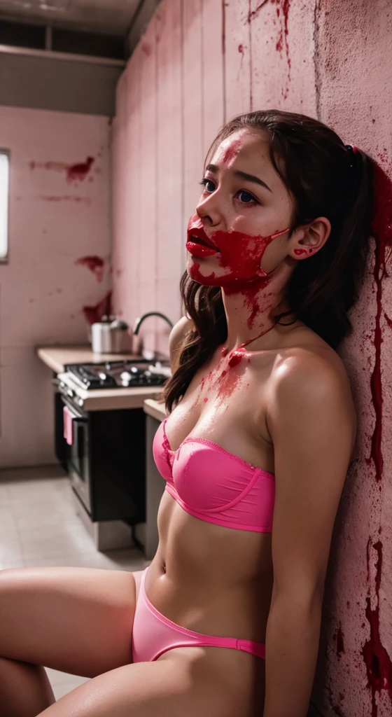 Girl wearing pink Strapless Bra and Panties, Red lips, Scared girl sees blood-soaked girl sitting against the wall in an anime-style kitchen, mouth taped.