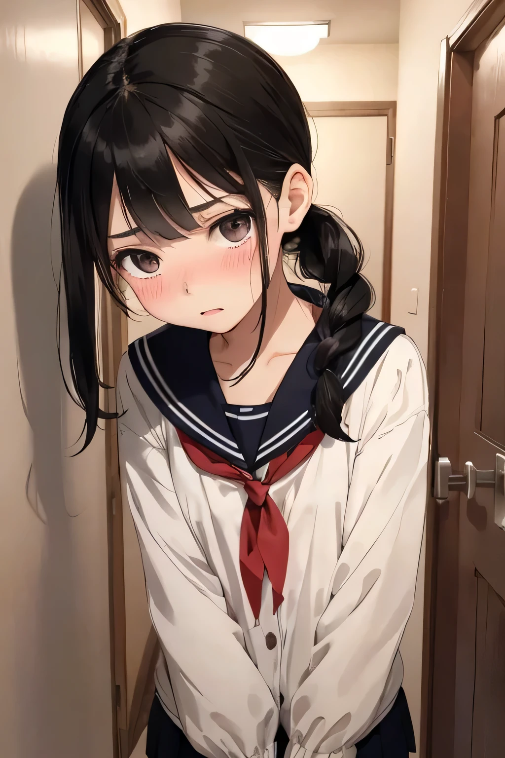 , closeup-face, Her black hair is tied at the bottom of her head, panic, Young face clear, Bearish, Slim figure, Sailor suit, shy, red cheek, blush, nose blush, embarrassed, Hallway of the apartment