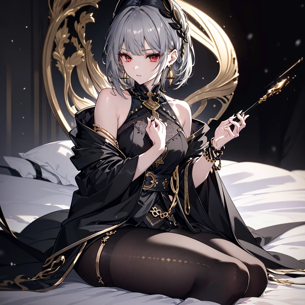 8k,High resolution RAW color art,Anime Art,Silver Marble Skin, (((Very detailed and cool))), Detailed skin, Bokeh、texture,(Exquisitely crafted, The finer details, Ultra-detailed art), (((1 girl))), Depth of written boundary, Silky Touch, Hyper Detail, (((Cool face))), eye shadow、woman, Beautiful detailed red eyes, Beautiful lip detail, Highly detailed face, Delicate depiction of hair and eyes, Detailed Fashion, Golden Earrings,Full body depiction, Black half top、(((Shoulder Bare)))、Black shorts、Waist Cloak、black tights、Golden decoration, Grey Hair, Golden bracelet, Straight Hair、Short Hair、(((Hair)))、Simple Background、(((Black theme)))、snow、Side view、cloth、cool、bed