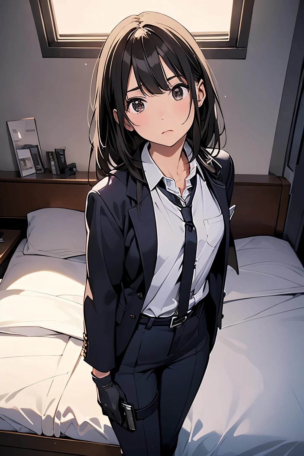 1 female, , high quality, masterpiece, Ultra-high resolution, , Cinema Lighting, , , And the suspenders with the cranes flying　　　Moderate breasts　 　 　　　　Small face　 　　　holster　　　　　　　 Lying in bed　Looking up　　　　Sweat 　　　belt　summer　脇Sweat 　Black Hole Gloves　suit　shirt　　Black jacket　 Black trousers　Leg Links　ズボンにbelt　　holster　 　　Hands behind your back　 Anxious expression　Looking up　Anxious face, legs apart