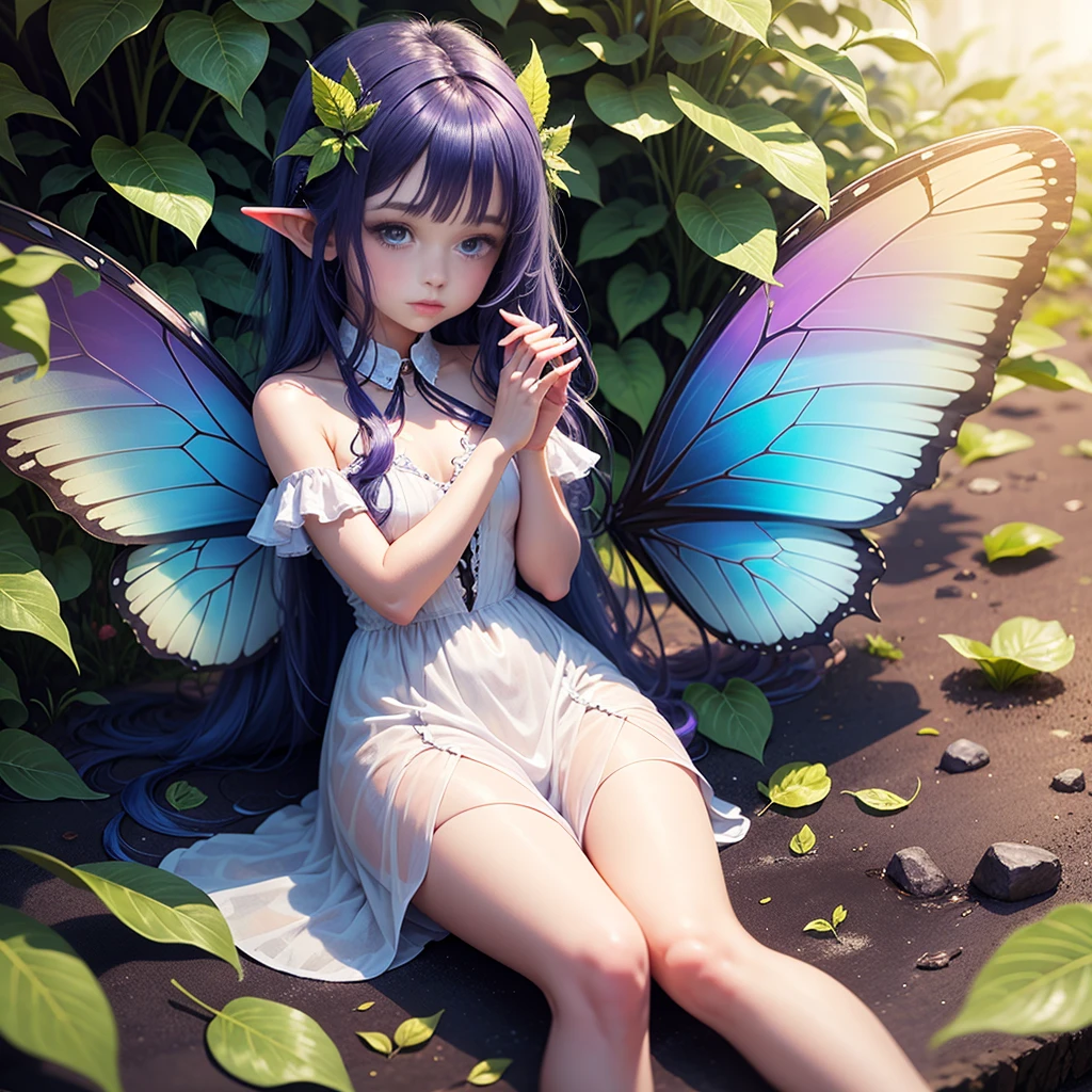 Cute little fairy, long hair, blue-purple sparkling hair, sparkling, pointed ears, sunlight, dress made of leaves, transparent wings, beautiful blue butterfly, big flower, leaves