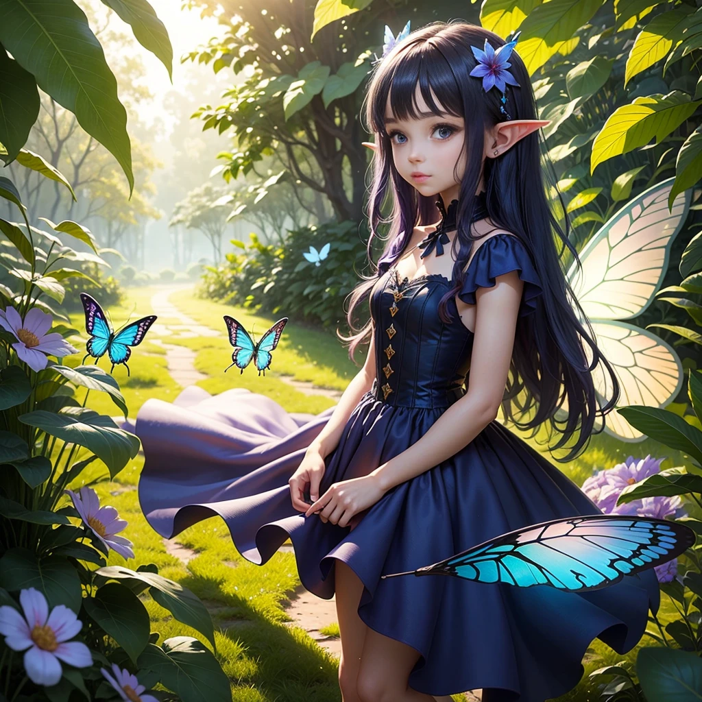 Cute little fairy, long hair, blue-purple sparkling hair, sparkling, pointed ears, sunlight, dress made of leaves, transparent wings, beautiful blue butterfly, big flower, leaves