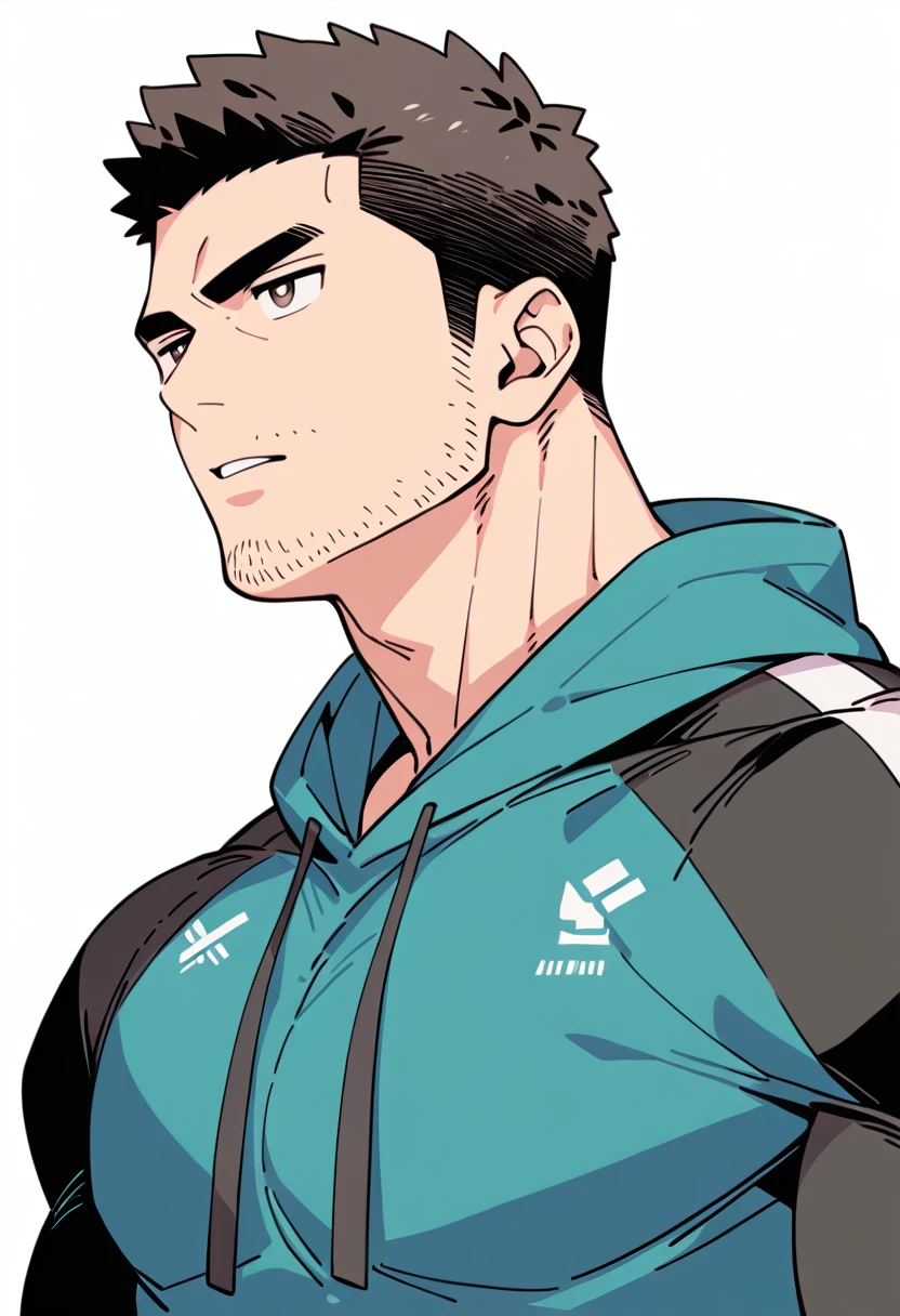 anime characters:Chris Redfield, Muscle Sports Student, Buzz Cut, Manliness, male focus, Sports tight hooded sweatshirt, Wear a black high-necked tights inside, Very tight, Huge chest muscles, muscular male, muscular, only, Upper body, alone, Red short hair, Thick eyebrows, stubble, Brown-red pupils, White background, simple background, amazing quality, best aesthetics, Ridiculous, crew cut, parted lips, v-shaped eyebrows, jitome, negative space, best quality