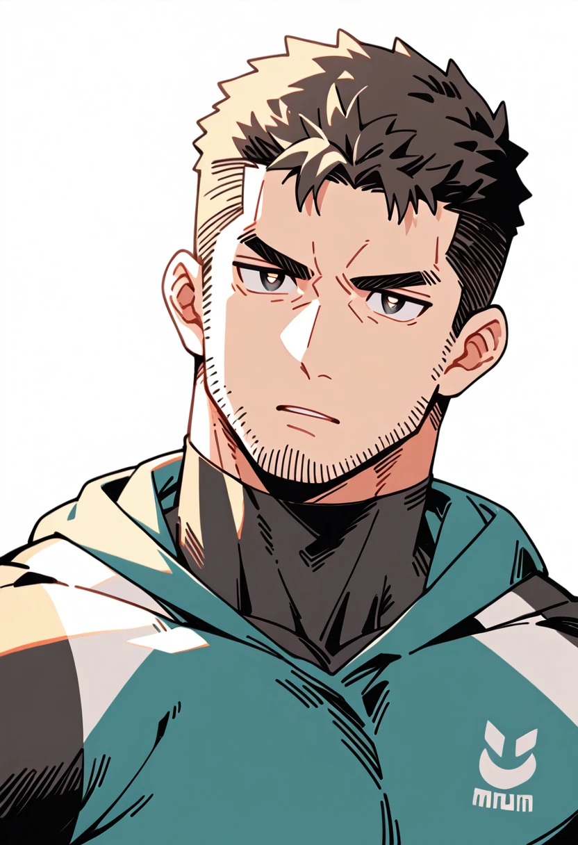anime characters：Chris Redfield, Muscle Sports Student, Buzz Cut, Manliness, male focus, Sports tight hooded sweatshirt, Wear a black high-necked tights inside, Very tight, Huge chest muscles, muscular male, muscular, only, Upper body, alone, Red short hair, Thick eyebrows, stubble, Brown-red pupils, White background, simple background, amazing quality, best aesthetics, Ridiculous, crew cut, parted lips, v-shaped eyebrows, jitome, negative space, best quality
