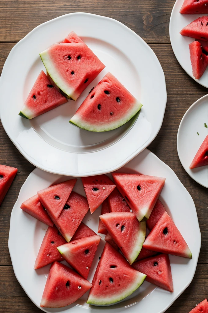 Watermelon cut into thin red pieces, placed on a plate, 5 6 pieces