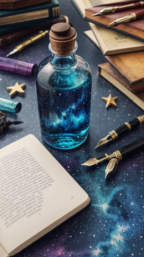 Watercolor,Low saturation,A bottle containing a starry sky,night,Fantasy,fantasy,mystery,dream,A shelf lined with magical potion bottles,Book,fountain pen,Hogwarts