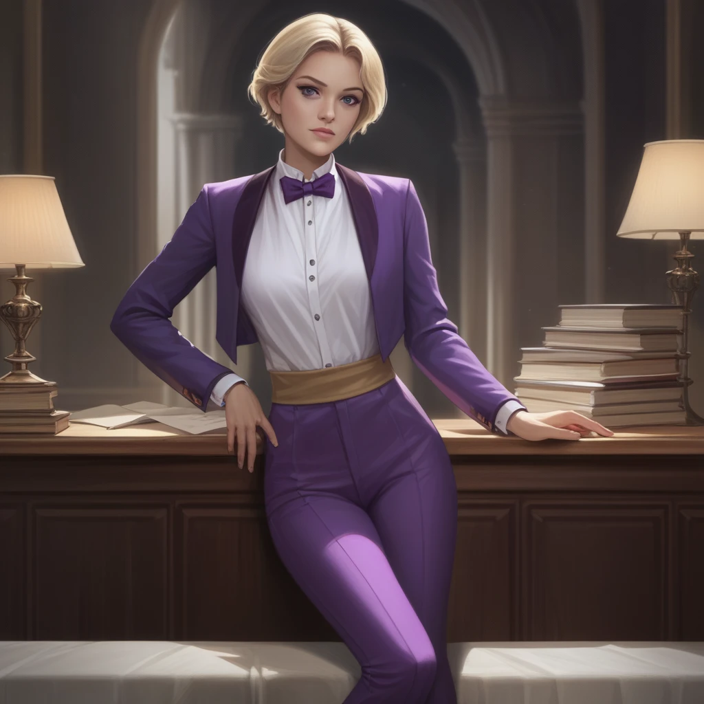 Realistic, score_9, score_8_superior, score_7_superior, score_6_superior, score_5_superior, score_4_superior, One girl, KOF King, Short blonde, Large Breasts, bow tie, Purple Jacket, Purple Pants, Leaning on the counter,
, indoor, (nsfw), 