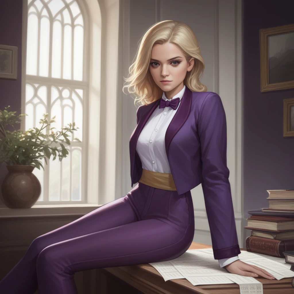 Realistic, score_9, score_8_superior, score_7_superior, score_6_superior, score_5_superior, score_4_superior, One girl, KOF King, Short blonde, Large Breasts, bow tie, Purple Jacket, Purple Pants, Leaning on the counter,
, indoor, (nsfw), 