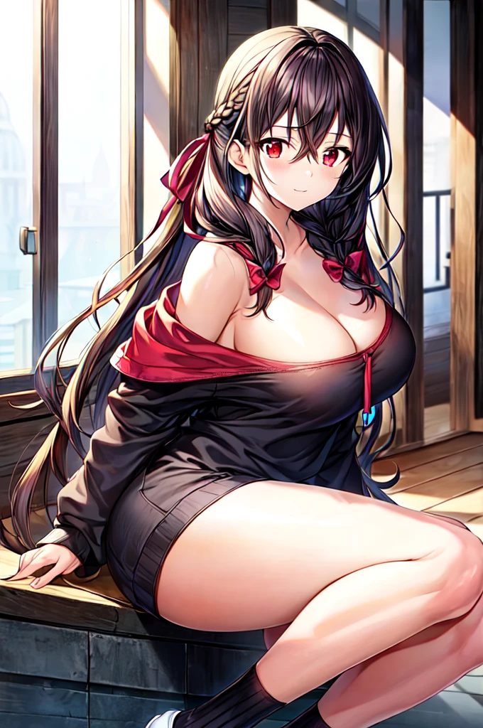 anime, detailed, smooth anime CG art, masterpiece, low quality, best quality, 1girl, disheveled hair, focus on face, simple background, long hair, socks, black hair, hair between eyes, calm, oversized hoodie, long bangs, tied hair, braided hair, dominant eyes, ribbons in hair, crimson red eyes, large breasts, breasts, perfect face, perfect legs, no pants, full lips, add_detail:-3