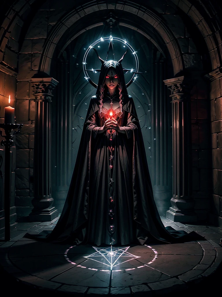 A witch woman wearing a flowing black robe, standing inside a glowing pentagram circle drawn with candles. She is accompanied by a menacing demon with red glowing eyes, both chanting incantations to evoke dark and sinister spirits from the shadows. The scene is illuminated by flickering candlelight, casting eerie shadows on the aged stone walls of the ancient chamber.