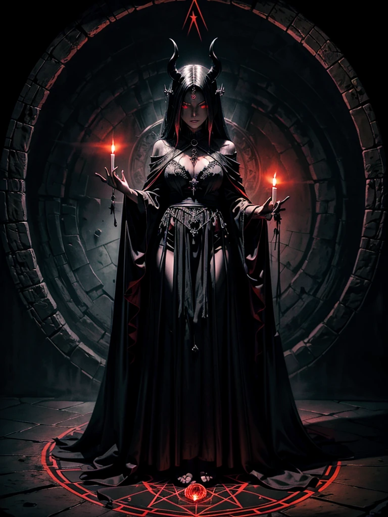 A witch woman wearing a flowing black robe, standing inside a glowing pentagram circle drawn with candles. She is accompanied by a menacing demon with red glowing eyes, both chanting incantations to evoke dark and sinister spirits from the shadows. The scene is illuminated by flickering candlelight, casting eerie shadows on the aged stone walls of the ancient chamber.