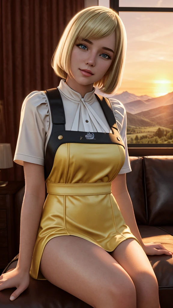 Masterpiece, teenage girl in the living room, Blonde bob, Bib dress,Posing for the camera, Sunset ride ,mountain background, 30k, 3d, HDR, Exquisite clothing details, Highly detailed, Realistic CGI, perfect light, movie light