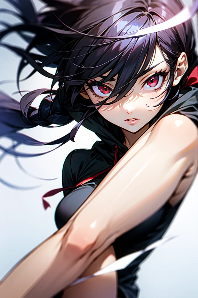 anime, detailed, smooth anime CG art, masterpiece, low quality, best quality, 1girl, disheveled hair, focus on face, simple background, long hair, socks, black hair, hair between eyes, calm, oversized hoodie, long bangs, tied hair, braided hair, dominant eyes, ribbons in hair, crimson red eyes, large breasts, breasts, perfect face, perfect legs, no pants, full lips, add_detail:-3