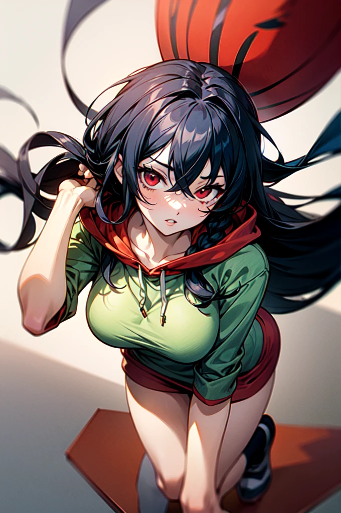 anime, detailed, smooth anime CG art, masterpiece, low quality, best quality, 1girl, disheveled hair, focus on face, simple background, long hair, socks, black hair, hair between eyes, calm, oversized hoodie, long bangs, tied hair, braided hair, dominant eyes, ribbons in hair, crimson red eyes, large breasts, breasts, perfect face, perfect legs, no pants, full lips, add_detail:-3