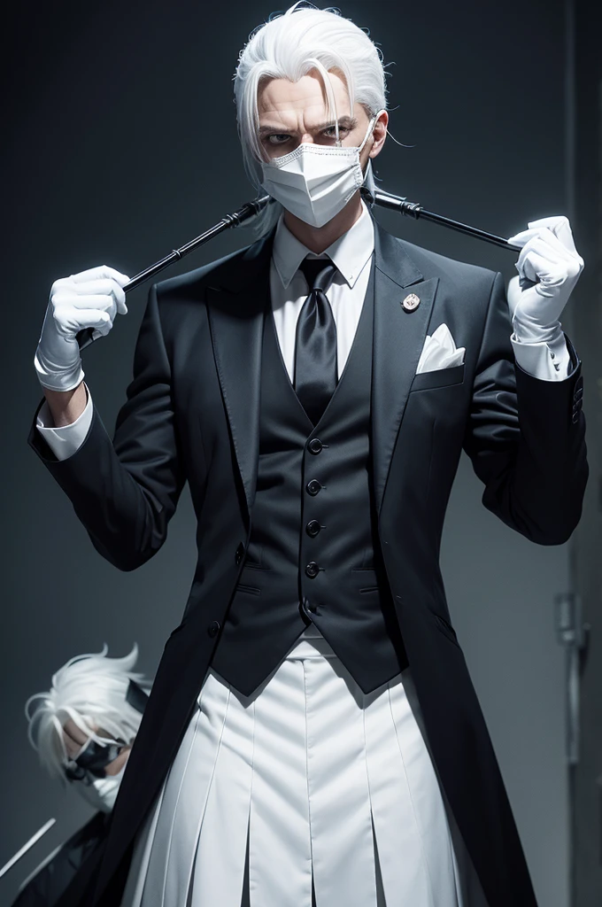Create a paranormal RPG character He is a man who wears a suit He uses a cane with a pumpkin head He wears a white mask covering his entire face He wears white gloves He has long, disheveled white hair And he exudes a psychotic air
 