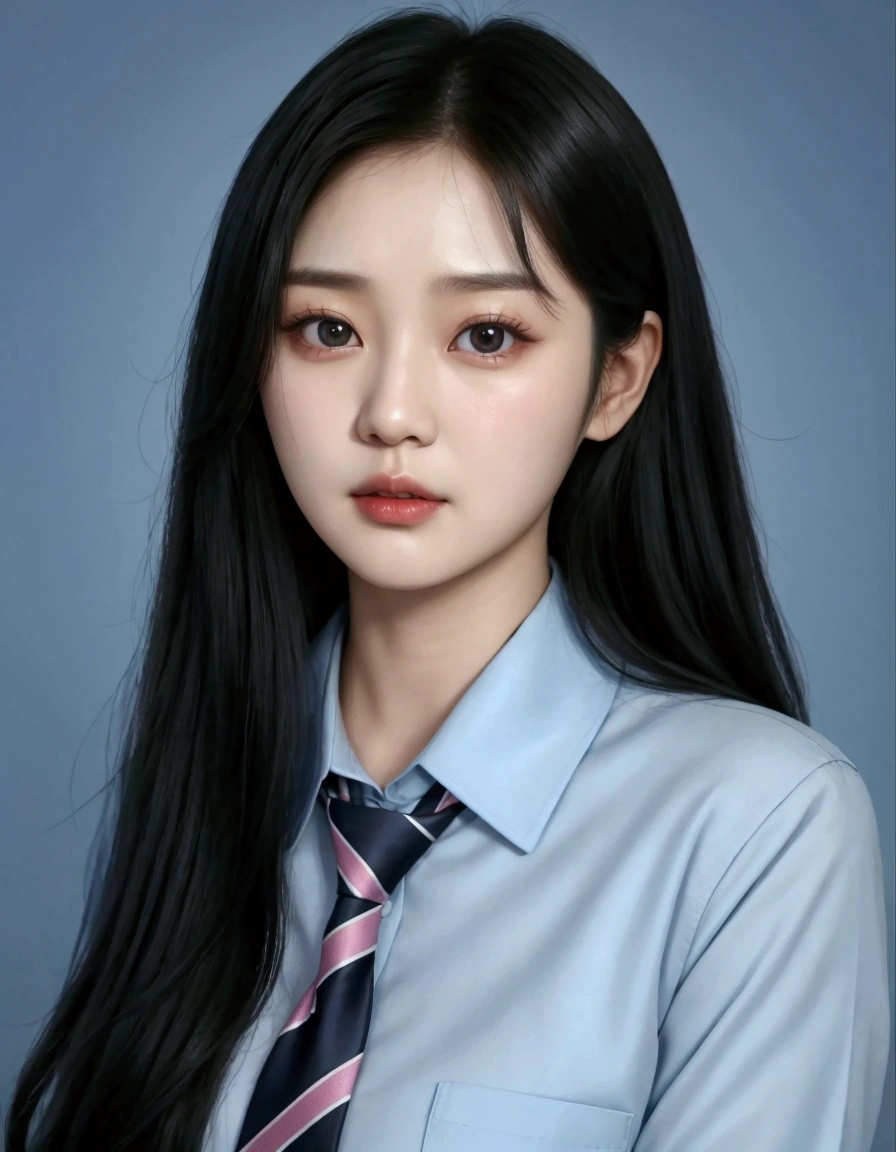 arafed woman with long black hair wearing a blue shirt and tie, jaeyeon nam, jinyoung shin, lee ji-eun, lee ji - eun, hwang se - on, korean girl, heonhwa choe, kim doyoung, female actress from korea, kwak ji young, park ji-min, cute korean actress