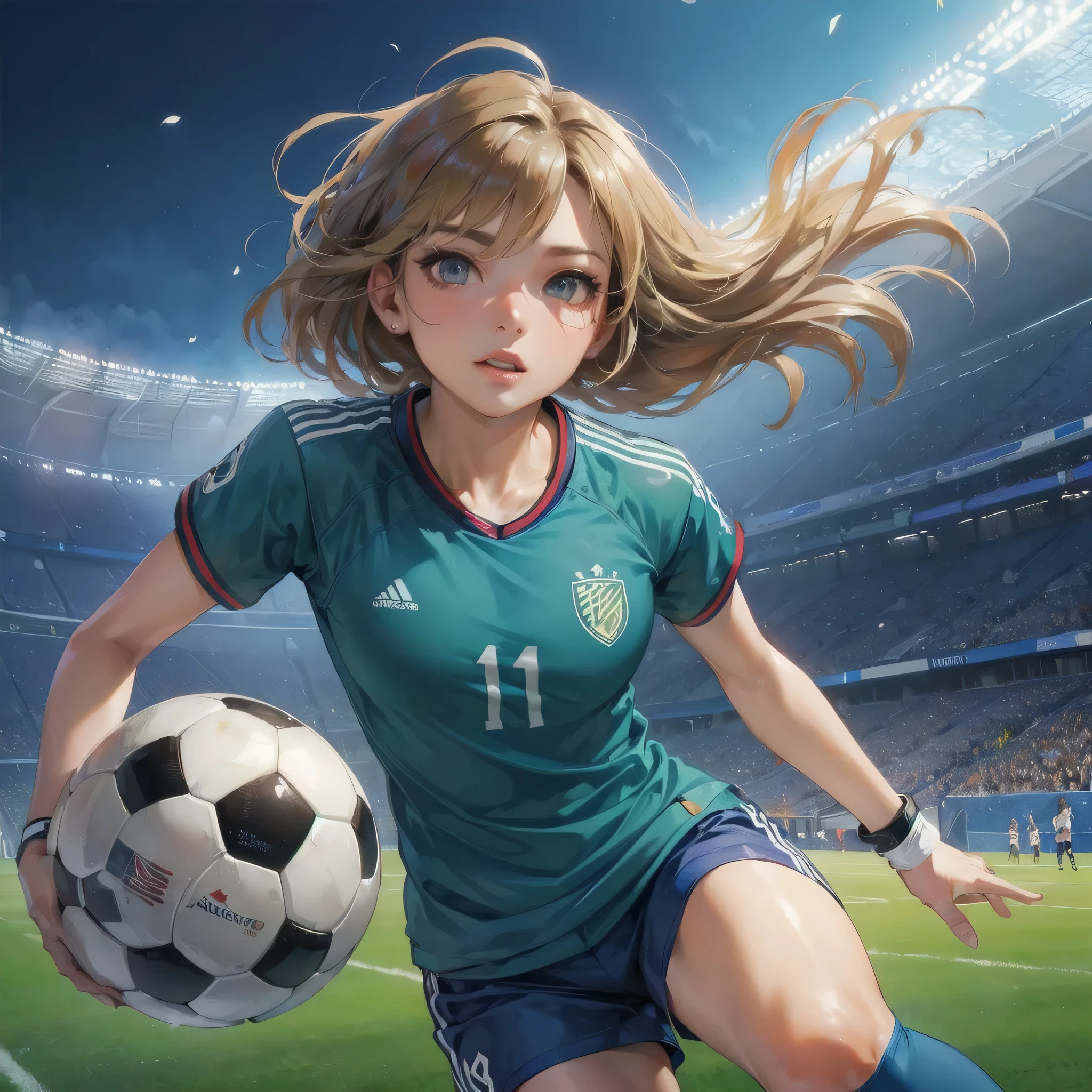masterpiece, (textured skin), best quality, gorgeous beautiful girl, (a female soccer athlete), detailed clothes,large breasts,narrow waist,, (beautiful face), cinematic lighting, (at soccer venue ),