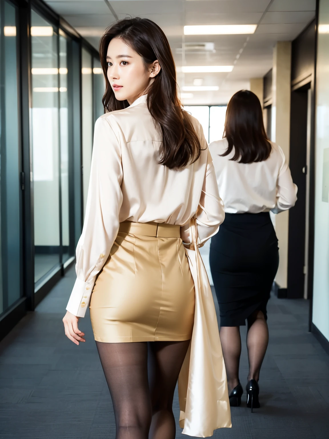 Elegant female teacher, Skirt and thighs、Age 27、height　162cm、Walking the hallway、Office Clothes, 高級silkブラウスを着て, (Ultra-realistic pantyhose)、Elegant slim beige blouse, Japanese girl, Neat and clean Japan woman, Japanese Goddess, Business attire, business suit, Wear a shirt, Businesswoman, silk, Cream colored blouse, 極薄のWear a shirt, Silk clothing, Wearing business casual clothes, business suitを着用する, business attire, Formal clothing, Shooting from behind、Looking from behind、RAW Photos, (In 8K、Highest quality、masterpiece:1.2)、(Intricate details:1.4)、(Photorealistic:1.4)、Octane Rendering、Complex 3D rendering with ultra-detail, Studio Soft Light, Rim Light, Vivid details, Super Detail, Realistic skin texture, Detailed aspect, Beautiful details in the eyes, Highly detailed CG Unity 16k wallpaper, compensate, (Detailed Background:1.2),　Glowing Skin、Exposed thighs!!!、High heels、