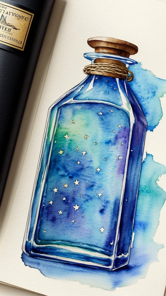 Watercolor,Low saturation,A bottle containing a starry sky,night,Fantasy,fantasy,mystery,dream,A shelf lined with magical potion bottles,Book,fountain pen,Hogwarts
