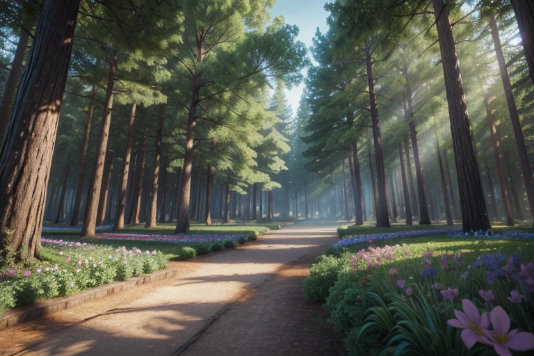 Disney 3D drawing-like images of an enchanted forest setting: tall trees, colorful flowers and a magical atmosphere.