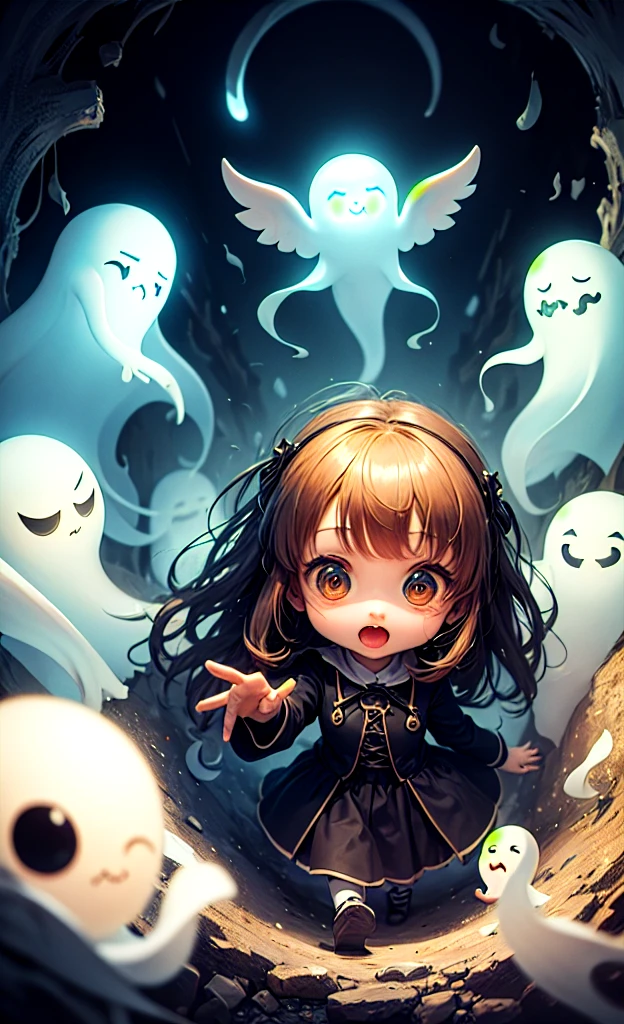 masterpiece, Highest quality, Explore a haunted theme park, haunted by cute chibi ghosts, cute, Whimsical, Shine, Shineing, fun, Stupid, Mysterious, Magic, Mysterious, funny, interesting、Only ghosts