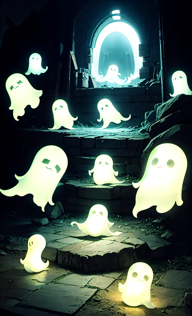 masterpiece, Highest quality, Explore a haunted theme park, haunted by cute chibi ghosts, cute, Whimsical, Shine, Shineing, fun, Stupid, Mysterious, Magic, Mysterious, funny, interesting、Only ghosts