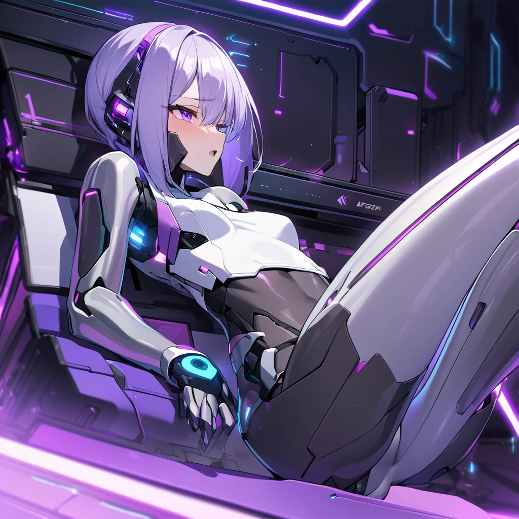 android girl(orgasm, metallic skin, purple eyes, cyber joint), hacking, leaning back, purple light,