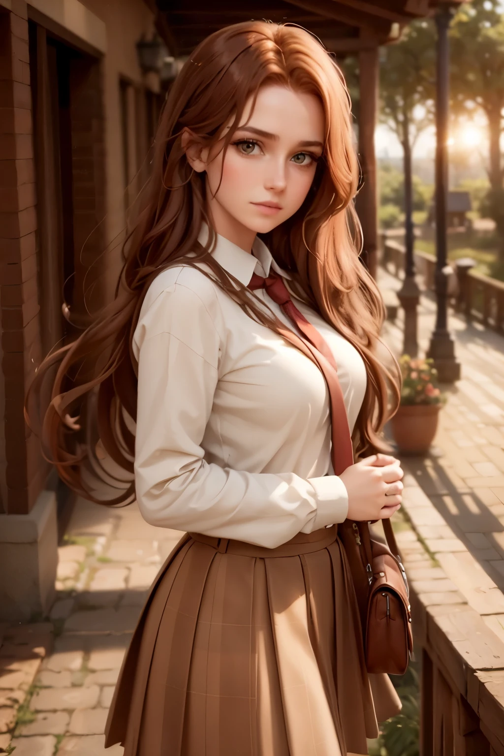 a beautiful girl with fiery red hair, piercing golden eyes, gorgeous detailed face, long eyelashes, portrait, detailed facial features, realistic, photorealistic, 8k, best quality, masterpiece, extremely detailed, high quality, fantasy, anime, magical girl,  tree, sky, outdoors, skirt, cloud, sunset, lens, flare, scenery,school, uniform, sun, wind, long, sleeves,