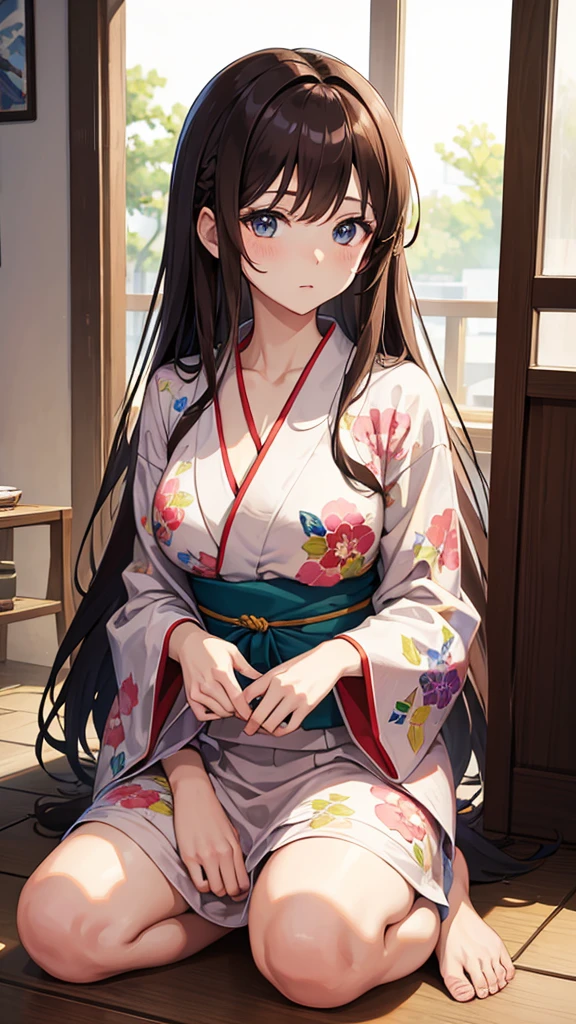 masterpiece, highest quality, High resolution，Anime Style、Brown Hair、Long Hair、Let the yukata come off