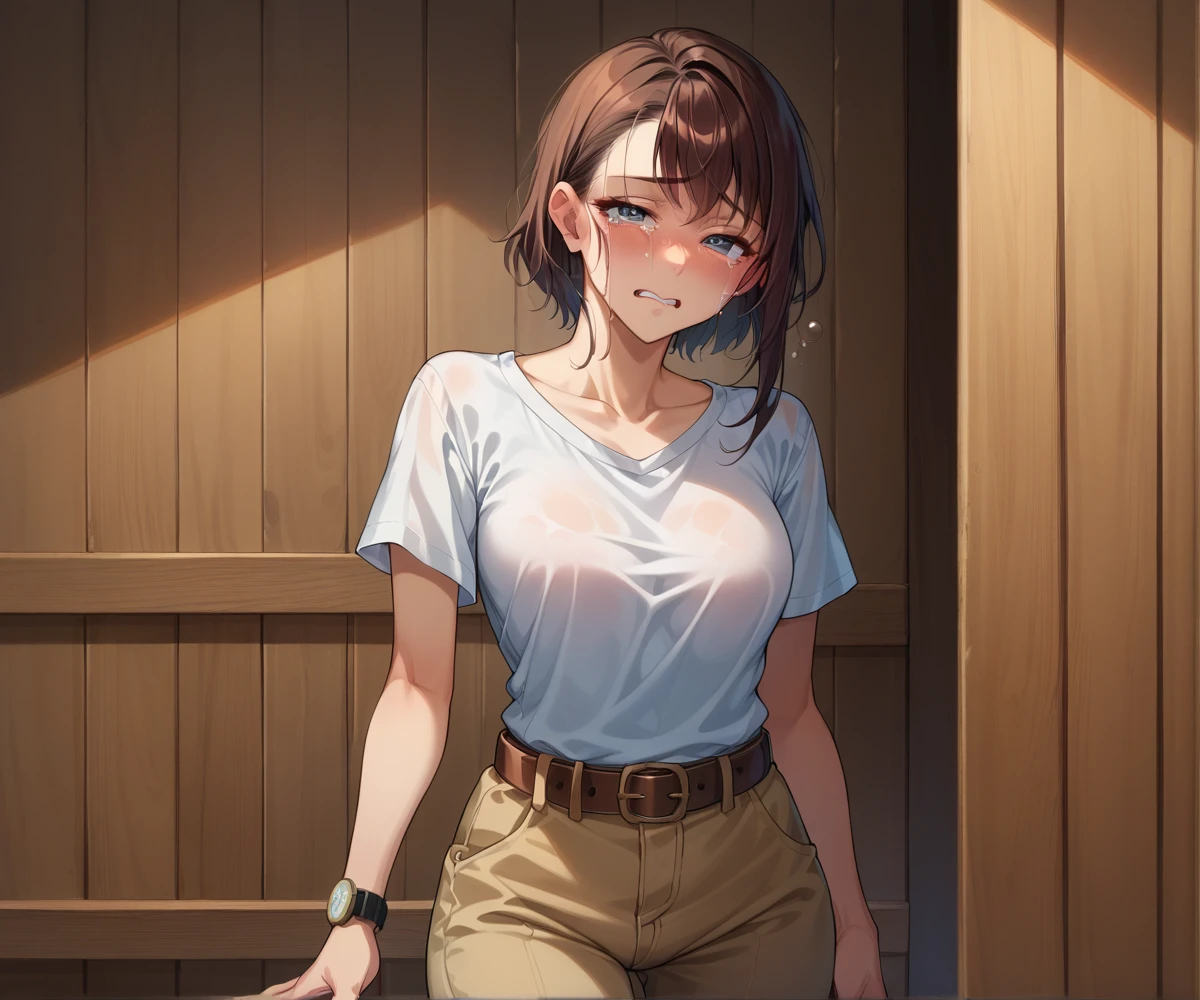 sexy cowgirl costume、Short sleeve、hot pants、belt、Shyness、Japanese Beauty、Drunk and crying、Standing in front of a wooden wall、watch