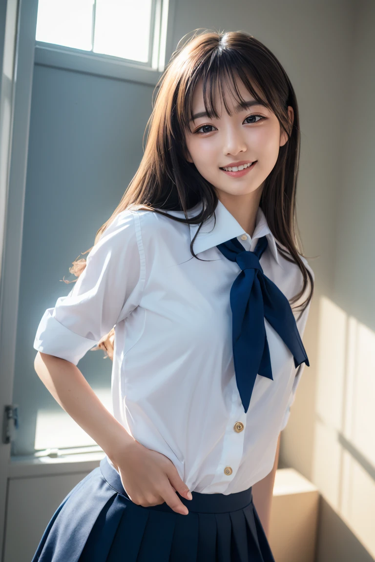 ((school uniform)),ribbon at neck,(school uniform and ((navy skirt)) and white shirt:1.1), Skin color, big , smile, (8k, RAW Photos, Highest quality, masterpiece:1.2), masterpiece, super detailed, super high quality, (Realistic and Realistic photography:1. 37), High-resolution RAW color photos, Very delicate and beautiful, highly detailed, 8k壁紙, wonderful, detailed, Very eye, very detailed, very detailed skin, very thin fingers, very detailed nose, very detailed mouth, Perfect Anatomy, Upper Body, studio, Soft lighting, A full-body shot of a cute idol wearing a one-piece swimsuit, Playful pose, Hands on hips, smile, Pastel Background, Realistic, Attention to detail, studio photography