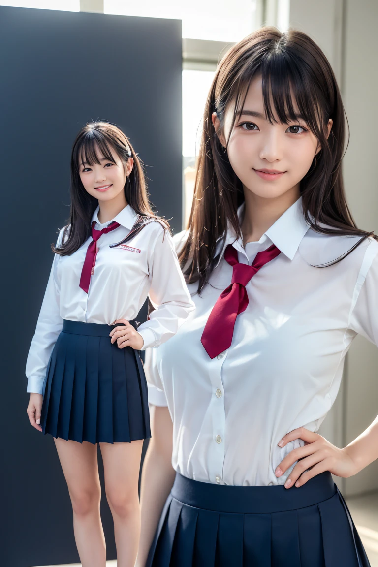 ((school uniform)),ribbon at neck,(school uniform and ((navy skirt)) and white shirt:1.1), Skin color, big , smile, (8k, RAW Photos, Highest quality, masterpiece:1.2), masterpiece, super detailed, super high quality, (Realistic and Realistic photography:1. 37), High-resolution RAW color photos, Very delicate and beautiful, highly detailed, 8k壁紙, wonderful, detailed, Very eye, very detailed, very detailed skin, very thin fingers, very detailed nose, very detailed mouth, Perfect Anatomy, Upper Body, studio, Soft lighting, A full-body shot of a cute idol wearing a one-piece swimsuit, Playful pose, Hands on hips, smile, Pastel Background, Realistic, Attention to detail, studio photography