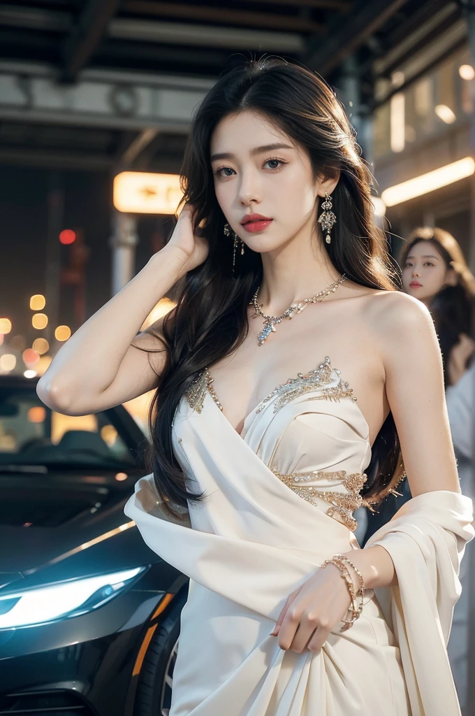 (((best quality))),(((ultra detailed))),(((masterpiece))),illustration,((1girl,gorgeous female model,solo)),((earrings,crystal necklace)),((slim,thin)),((small breasts,flat chest)),(slender legs:1.2),(standing:1.3),(beside a sleek futuristic car:1.3),(glamorres sparkled dress:1.3),intricate embellishments,drop-dead gorgeous,(shoulder length straight hair:1.2),vibrant piercing eyes,delicate facial features,rosy cheeks,parted res lips,confident allure,beauty grace,intricate patterns,shimmering fabric,elegant draping,complementary skin tone,radiates beauty,allure,sleek streamlined design,futurism,smooth curves angles,ambient lighting,ethereal aura,intricate patterns,LED lights,glow,sea of activity,(surrounded by crowded crowds:1.3),examine cars,electric atmosphere,cyberpunk style,excitement anticipation,energy palpable,enthusiasm future automobiles,modern elegance,technological innovation,captivating vibrant scene,invite viewers step into future,embrace beauty,((from front,upper body))