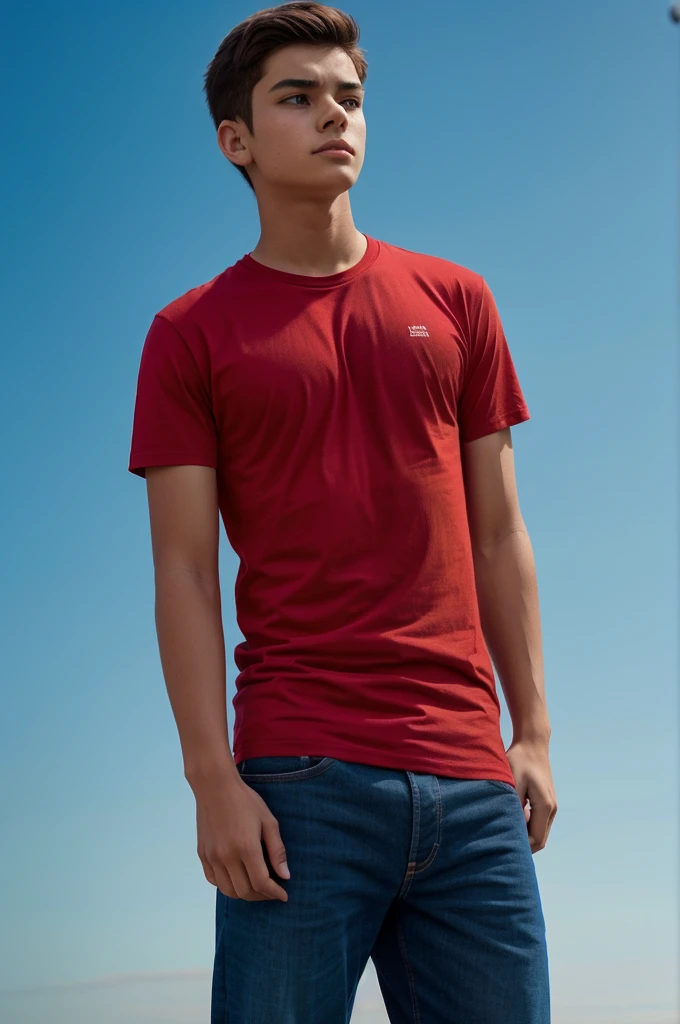 A boy wearing a red t-shirt, visibly mentally depressed after a breakup with his beloved girlfriend, stands against a deep sky-colored background. The image should have an aspect ratio of 16:9."