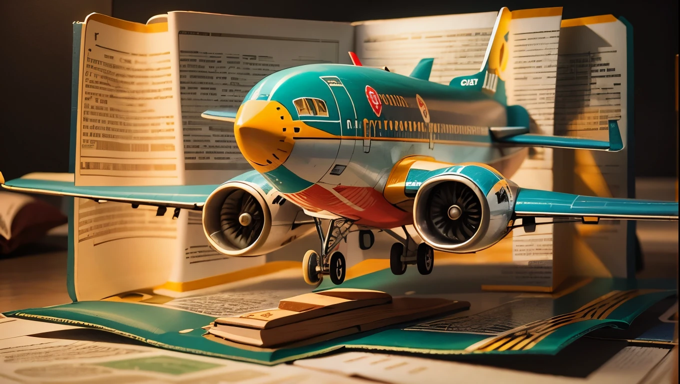 （Pop-up Books：1.5），（Jumbo Jet），（Colorful、Highest quality、Attention to detail、masterpiece、Folk art、Cinematic Lighting Effects、4K、Chiaroscuro）