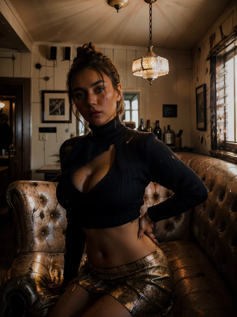(full body shot:1.3), Best quality, 20y, (chubby:1.2), 1girl, kazakh, wearing sweater and skirt, big breast, (sexy:1.2) (messy bun hairstyle:1.2), hair blowing in the wind, moody, deep shadow, (dramatic posing:1.2), sofa, in vintage bar, detailed face and eyes, (perfect object:1.2), portra 400, (cinematic dark lighting:1.3), (ultra highres;1.3), highly detailed:1.3), masterpiece, (sharp focus:1.2), beautiful film bokeh, (surreal view:1.5), candid style, shot by zenit camera with 35mm lens, Portrait by annie leibovitz