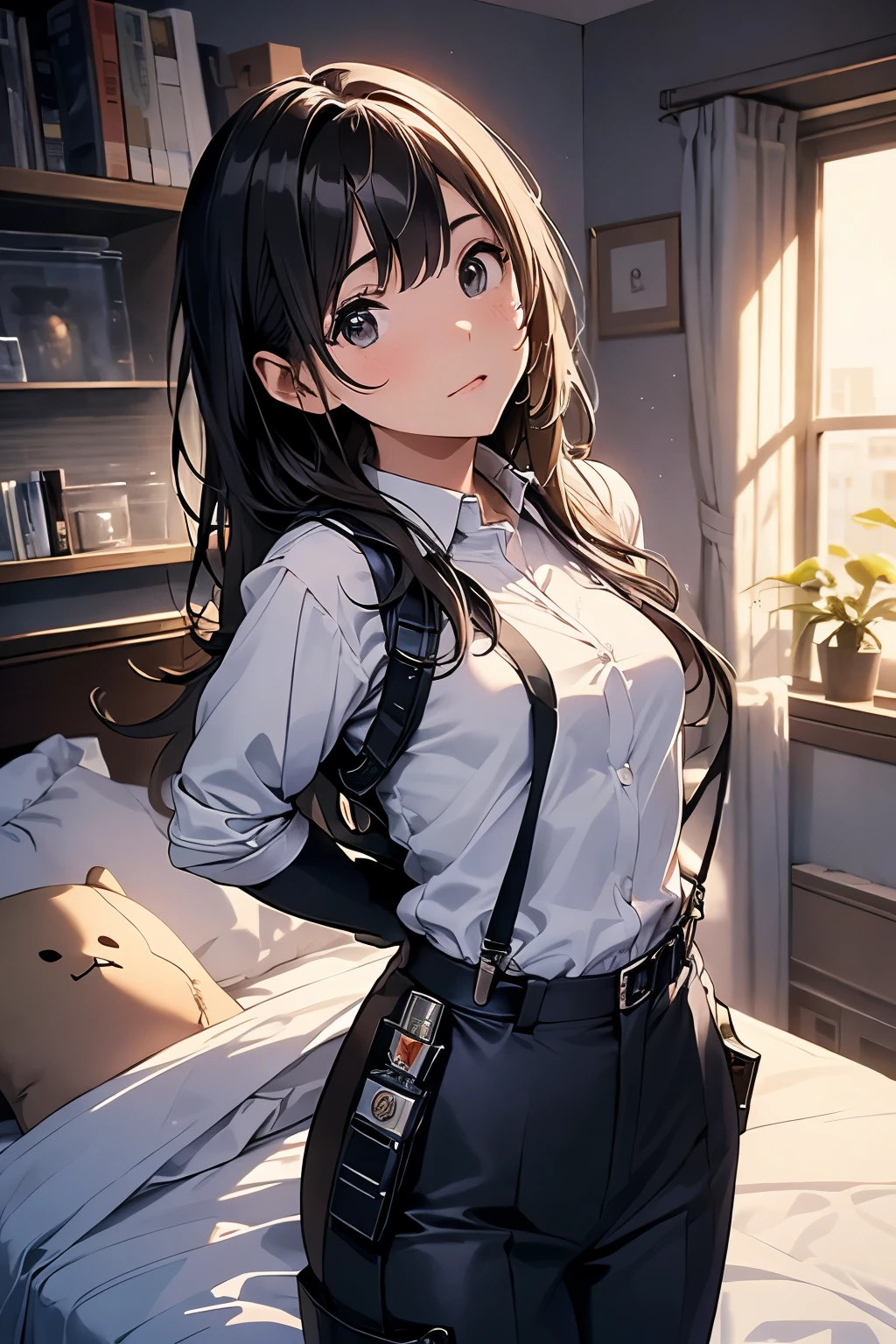1 female, , high quality, masterpiece, Ultra-high resolution, , Cinema Lighting, , , And the suspenders with the cranes flying　　　Moderate breasts　 　 　　　　Small face　 　　　holster　　　　　　　 Lying in bed　Looking up　　　　Sweat 　　　belt　summer　脇Sweat 　Black Hole Gloves　suit　shirt　　Black jacket　 Black trousers　Leg Links　ズボンにbelt　　holster　 　　Hands behind your back　 Anxious expression　Looking up　Anxious face, legs apart